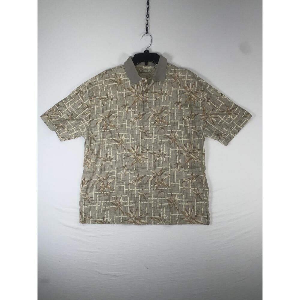 Batek Bay Polo Shirt Mens XL Beige Tropical Leaf 100% Cotton Short Sleeve Casual
